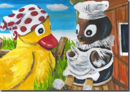 Schnatterinchen und Pitti als Koch
